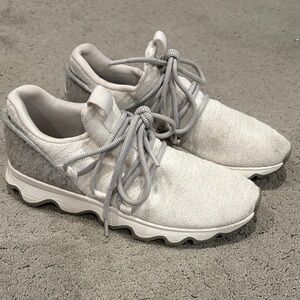 Sorel Neutral Knit Lace-Up Sneakers in Light Gray and Cream